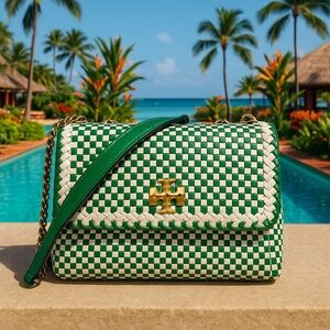 NEW Tory Burch Kira Green Woven Leather Small Convertible Shoulder/Crossbody Bag